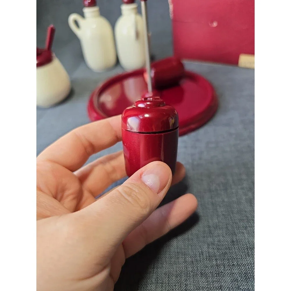 Vintage Carvanite Mid Century Classic Maroon Ceramic & Plastic Condiment Set